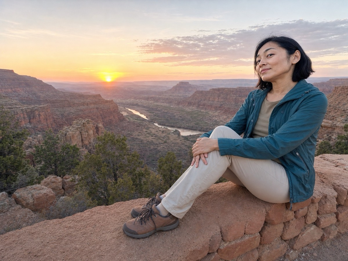 Original wide-angle portrait of a hiker overlooking a canyon at sunset before face perspective correction