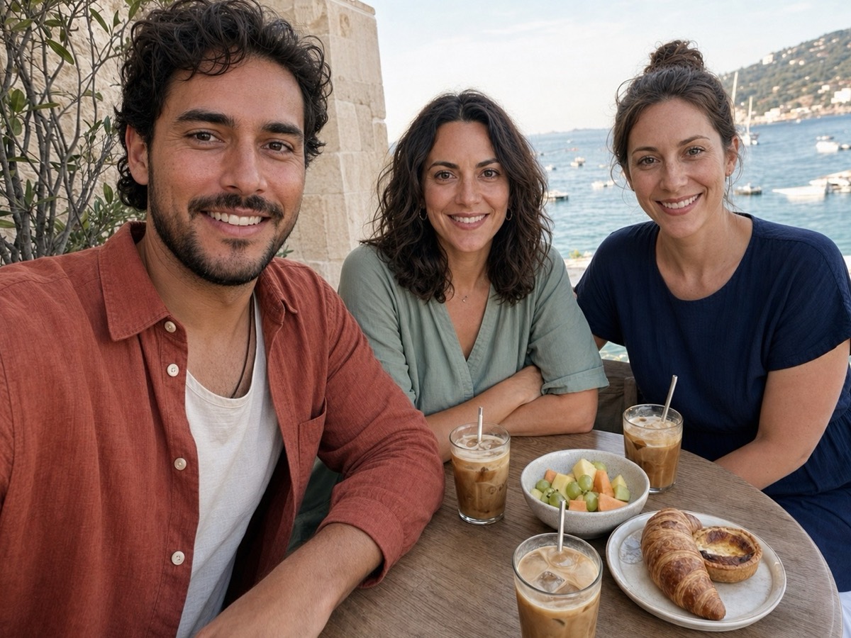 Facelign-corrected group selfie of three friends at a café with edge-face stretching reduced