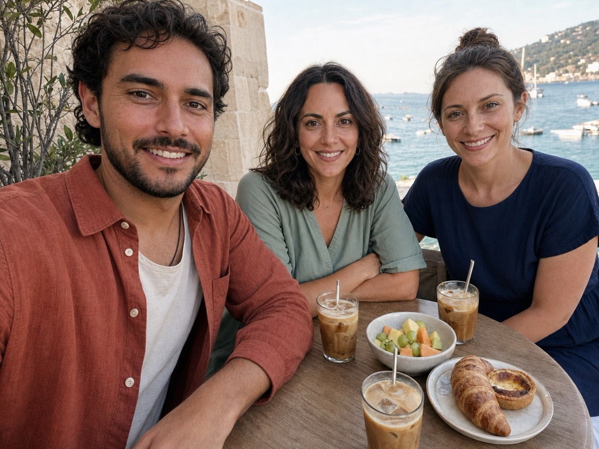 Original wide-angle group selfie of three friends at a café before face perspective correction