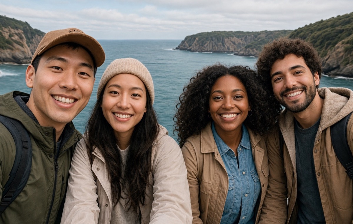 Facelign-corrected group selfie of four friends beside the sea with edge-face stretching reduced