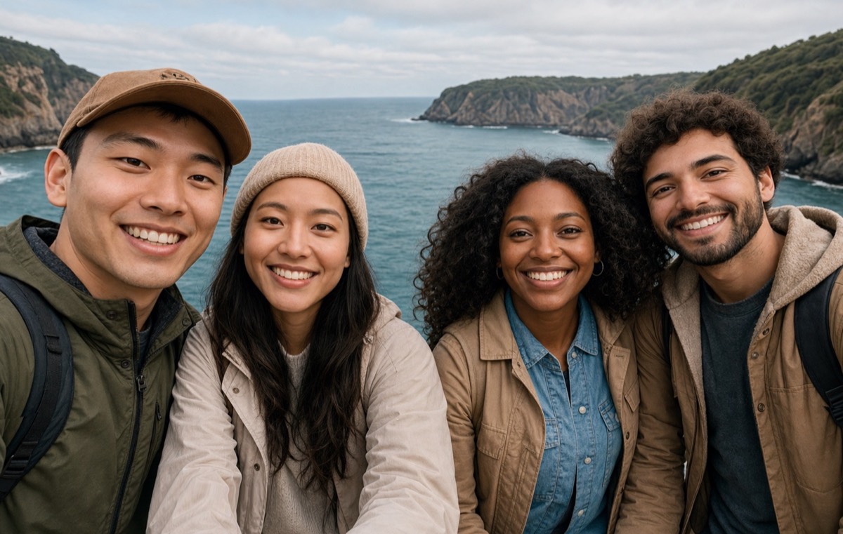 Original wide-angle group selfie of four friends beside the sea before face perspective correction